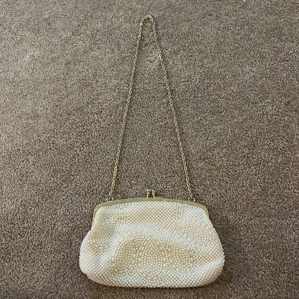 White pearl beaded evening shoulder bag with long gold chain
